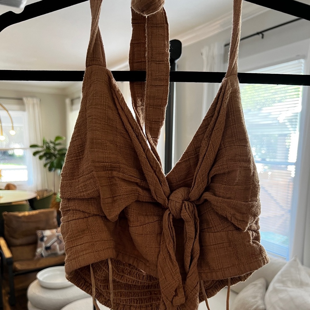 Cognac colored halter bralette.
